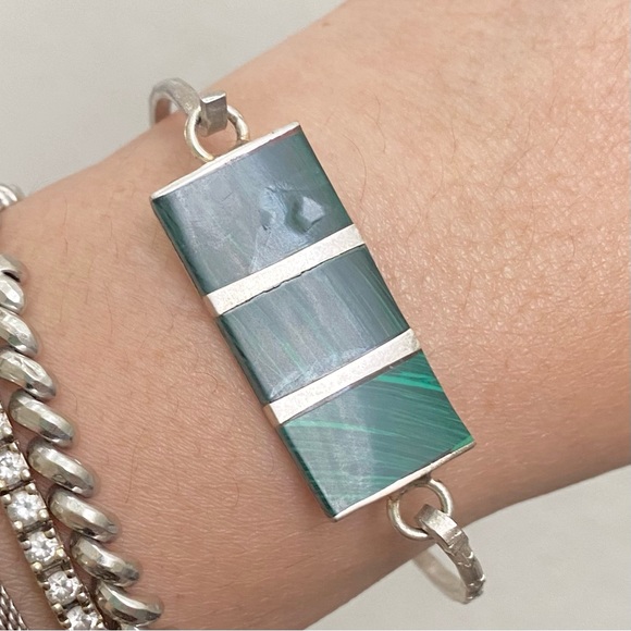 Vintage Silver-tone Malachite Bangle Bracelet - Picture 2 of 11